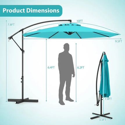 10 Feet Offset Umbrella with 8 Ribs Cantilever and Cross Base-Turquoise - Turquoise - Outdoor Umbrellas