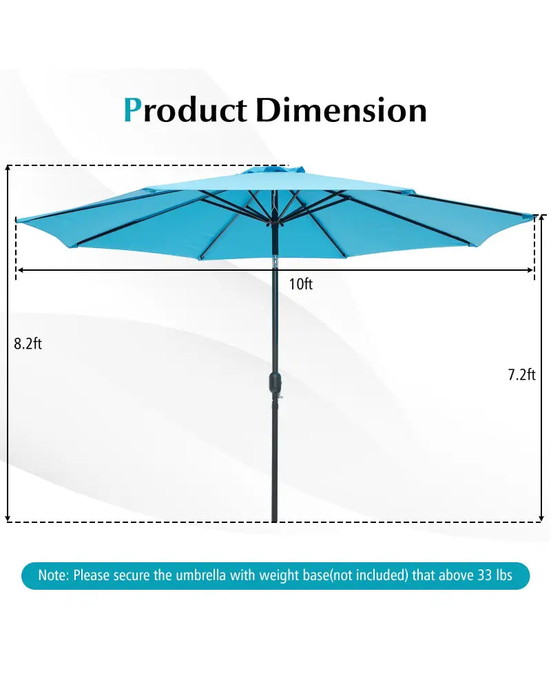 10 Feet Outdoor Patio Umbrella with Tilt Adjustment and Crank-Blue - Blue - Outdoor Umbrellas