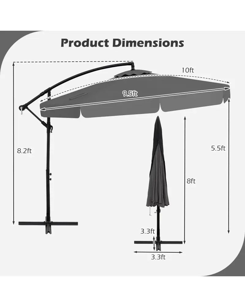 10 Feet Patio Cantilever Umbrella with Cover Tilt Adjustment and Ruffled Edge-Gray - Gray - Outdoor Umbrellas
