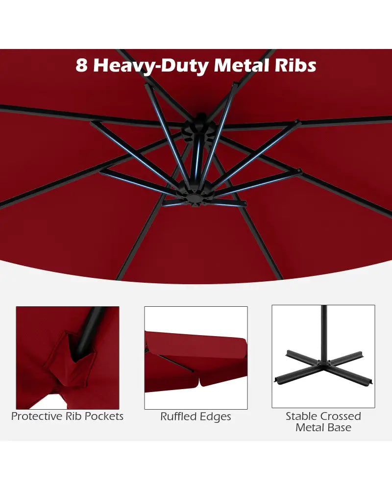 10 Feet Patio Cantilever Umbrella with Cover Tilt Adjustment and Ruffled Edge-Wine - Wine - Outdoor Umbrellas