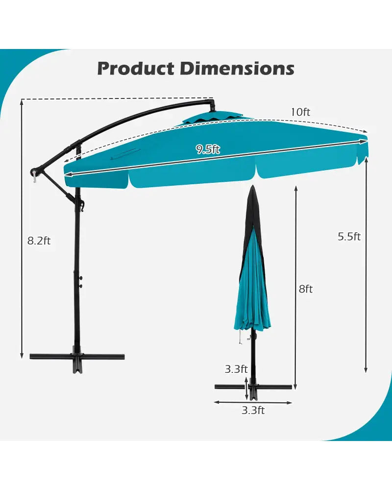 10 Feet Patio Cantilever Umbrella with Cover Tilt Adjustment and Ruffled Edge-Turquoise - Turquoise - Outdoor Umbrellas