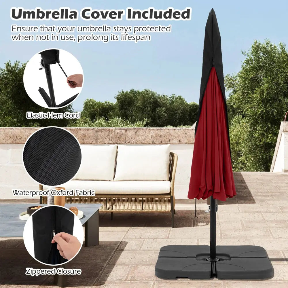 10 Feet Patio Cantilever Umbrella with Cover Tilt Adjustment and Ruffled Edge-Wine - Wine - Outdoor Umbrellas