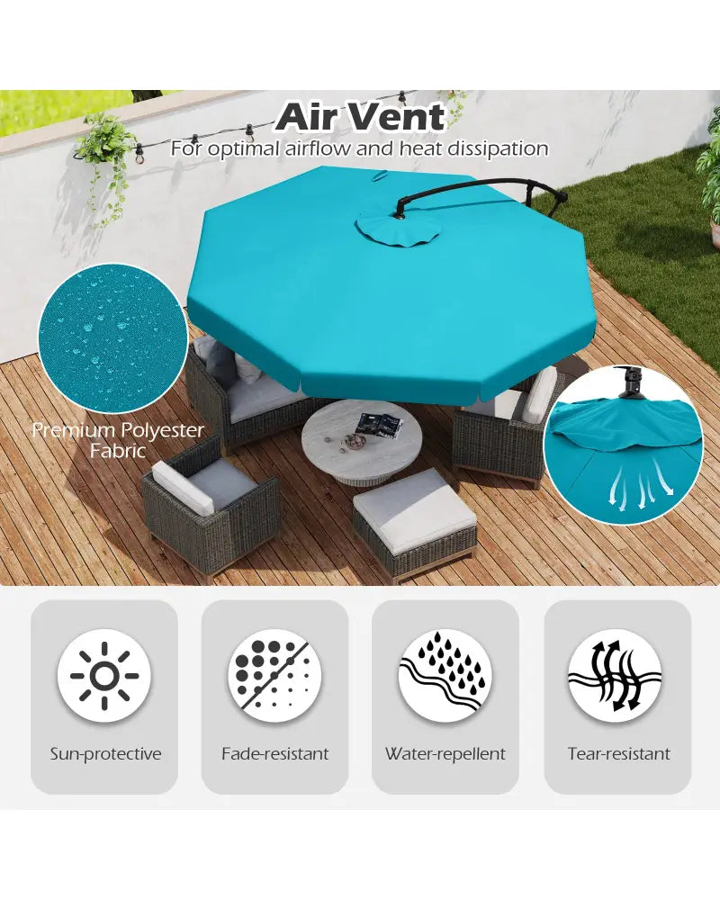 10 Feet Patio Cantilever Umbrella with Cover Tilt Adjustment and Ruffled Edge-Turquoise - Turquoise - Outdoor Umbrellas