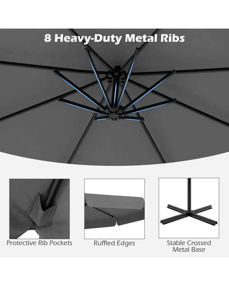 10 Feet Patio Cantilever Umbrella with Cover Tilt Adjustment and Ruffled Edge-Gray - Gray - Outdoor Umbrellas