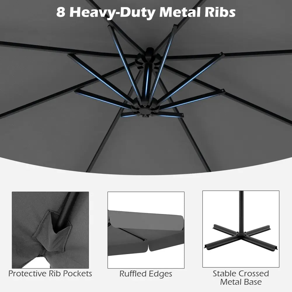 10 Feet Patio Cantilever Umbrella with Cover Tilt Adjustment and Ruffled Edge-Gray - Gray - Outdoor Umbrellas