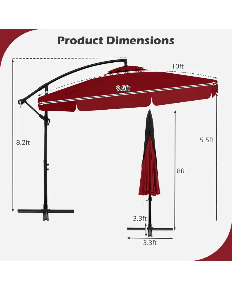 10 Feet Patio Cantilever Umbrella with Cover Tilt Adjustment and Ruffled Edge-Wine - Wine - Outdoor Umbrellas