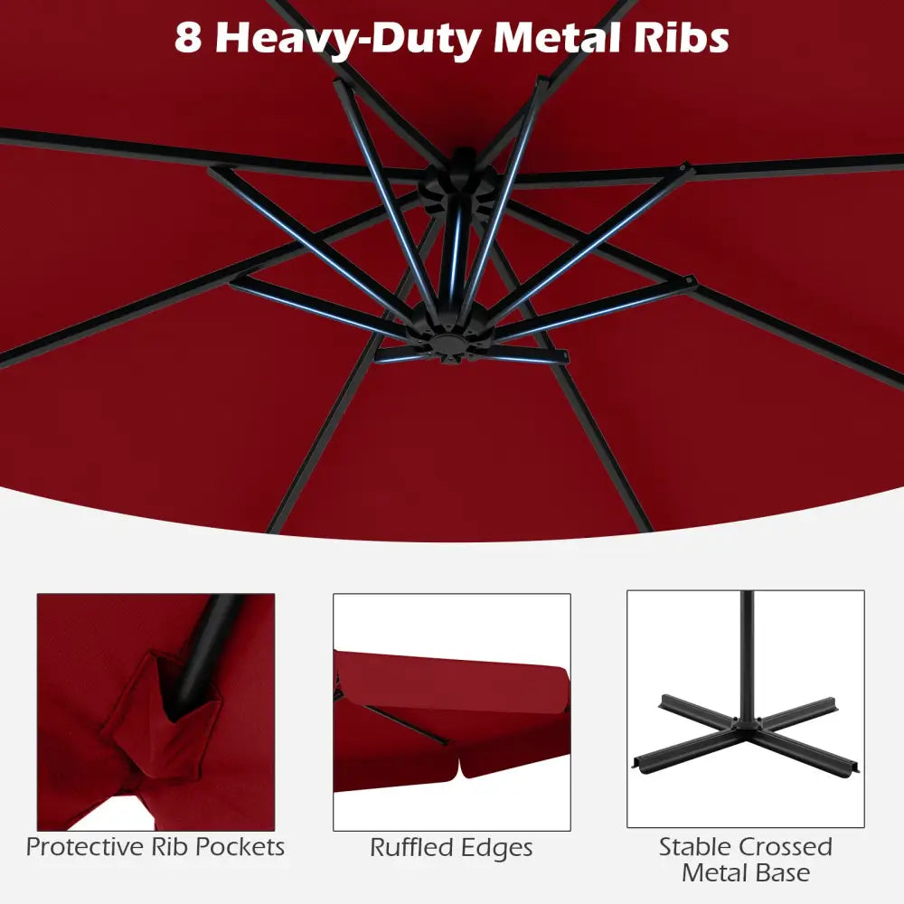 10 Feet Patio Cantilever Umbrella with Cover Tilt Adjustment and Ruffled Edge-Wine - Wine - Outdoor Umbrellas