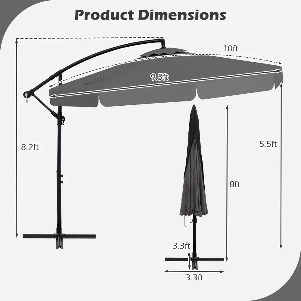 10 Feet Patio Cantilever Umbrella with Cover Tilt Adjustment and Ruffled Edge-Gray - Gray - Outdoor Umbrellas