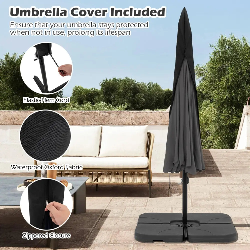10 Feet Patio Cantilever Umbrella with Cover Tilt Adjustment and Ruffled Edge-Gray - Gray - Outdoor Umbrellas
