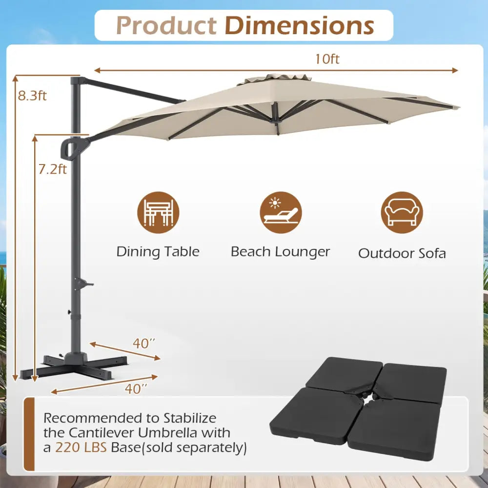 10 Feet Patio Cantilever Umbrella with Easy Tilt Adjustment-Beige - Beige - Outdoor Umbrellas