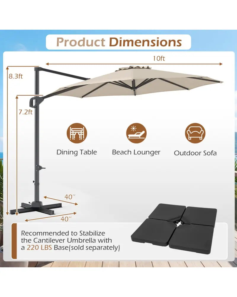 10 Feet Patio Cantilever Umbrella with Easy Tilt Adjustment-Beige - Beige - Outdoor Umbrellas