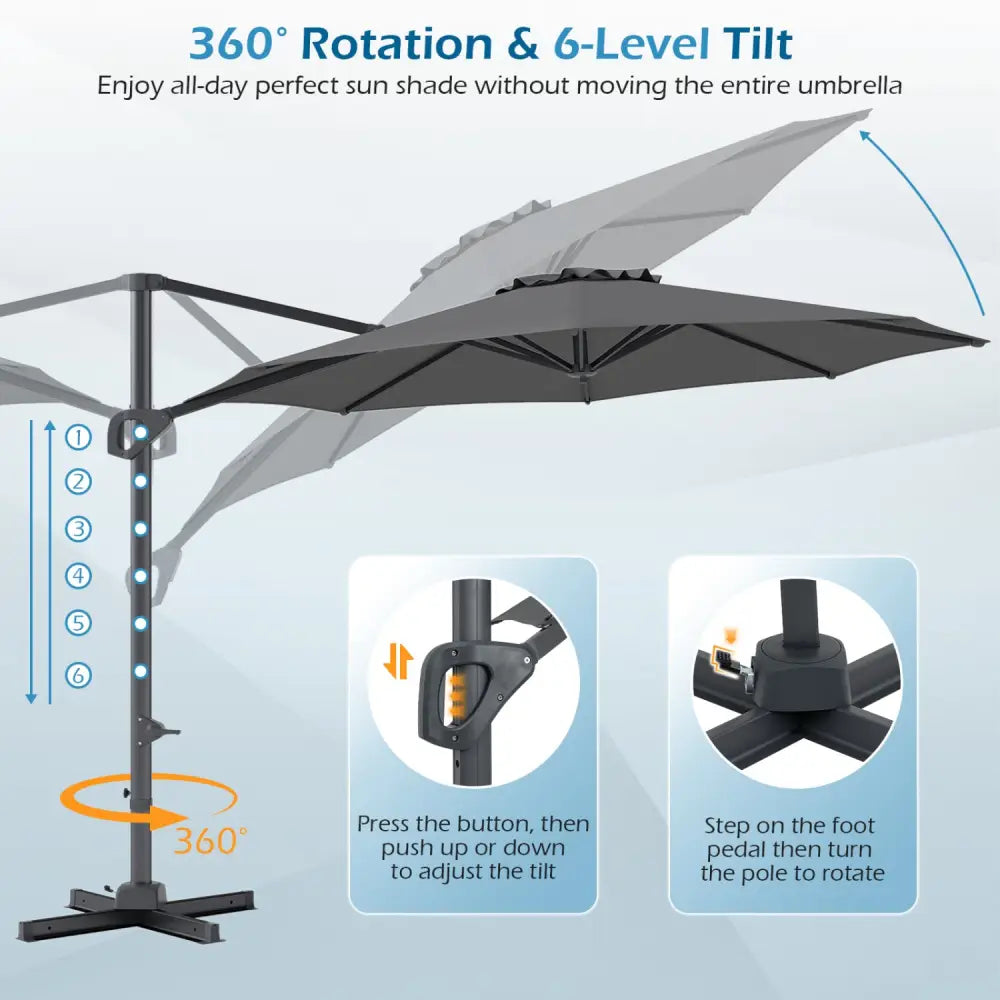10 Feet Patio Cantilever Umbrella with Easy Tilt Adjustment-Gray - Gray - Outdoor Umbrellas