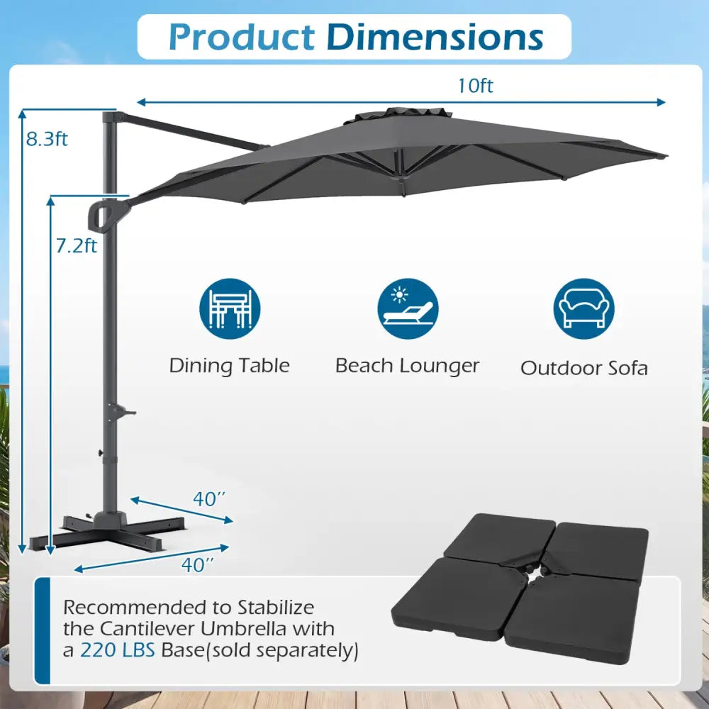 10 Feet Patio Cantilever Umbrella with Easy Tilt Adjustment-Gray - Gray - Outdoor Umbrellas
