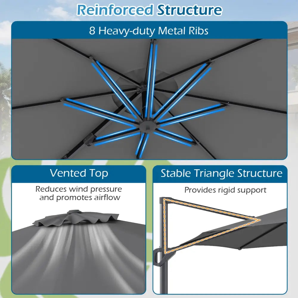 10 Feet Patio Cantilever Umbrella with Easy Tilt Adjustment-Gray - Gray - Outdoor Umbrellas