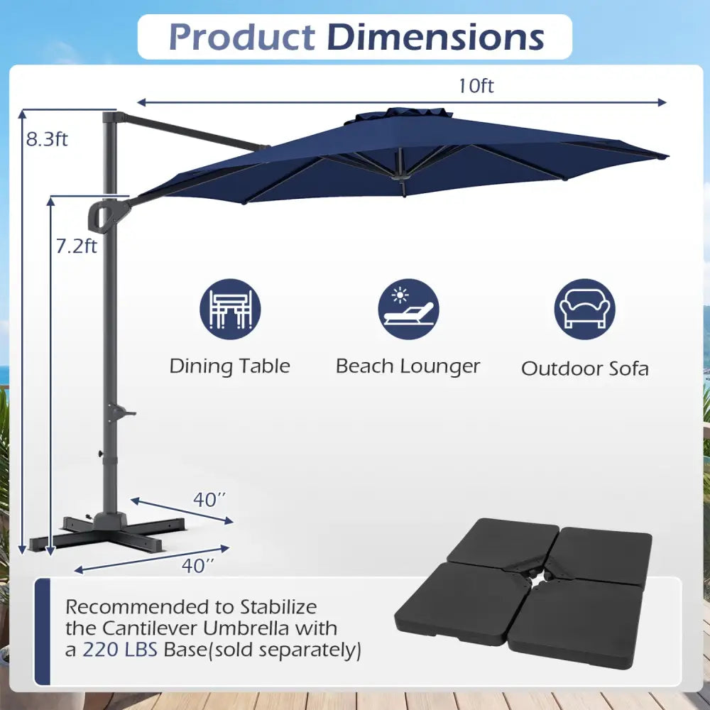 10 Feet Patio Cantilever Umbrella with Easy Tilt Adjustment-Navy - Navy - Outdoor Umbrellas