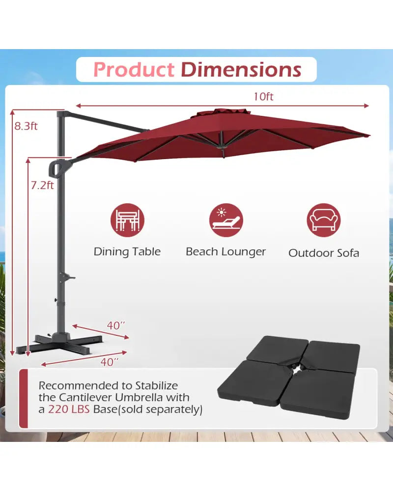 10 Feet Patio Cantilever Umbrella with Easy Tilt Adjustment-Wine - Wine - Outdoor Umbrellas