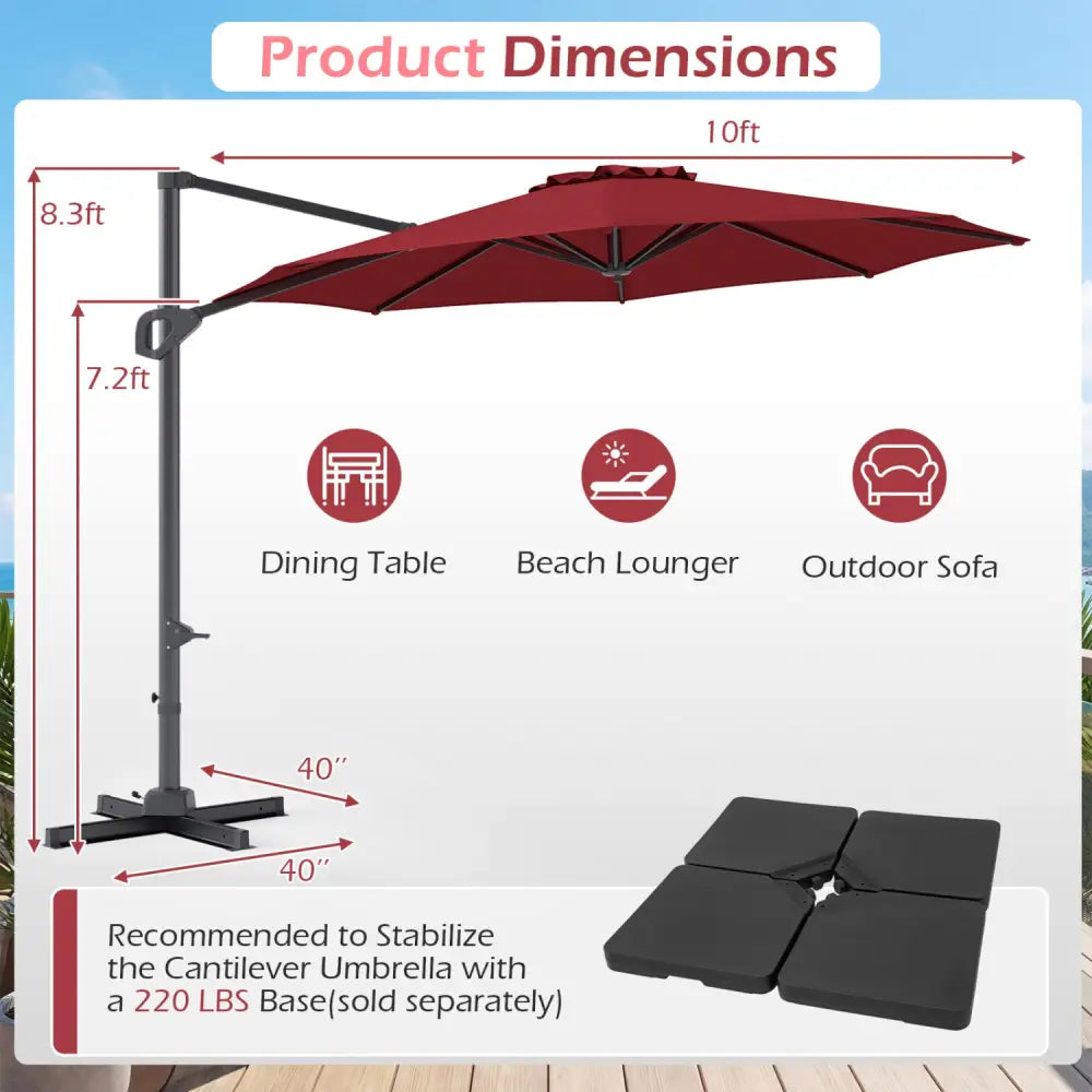 10 Feet Patio Cantilever Umbrella with Easy Tilt Adjustment-Wine - Wine - Outdoor Umbrellas