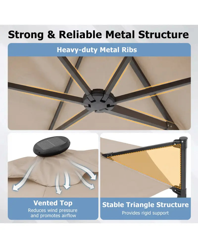 10 Feet Patio Cantilever Umbrella with Solar LED Lights-Beige - Beige - Outdoor Umbrellas