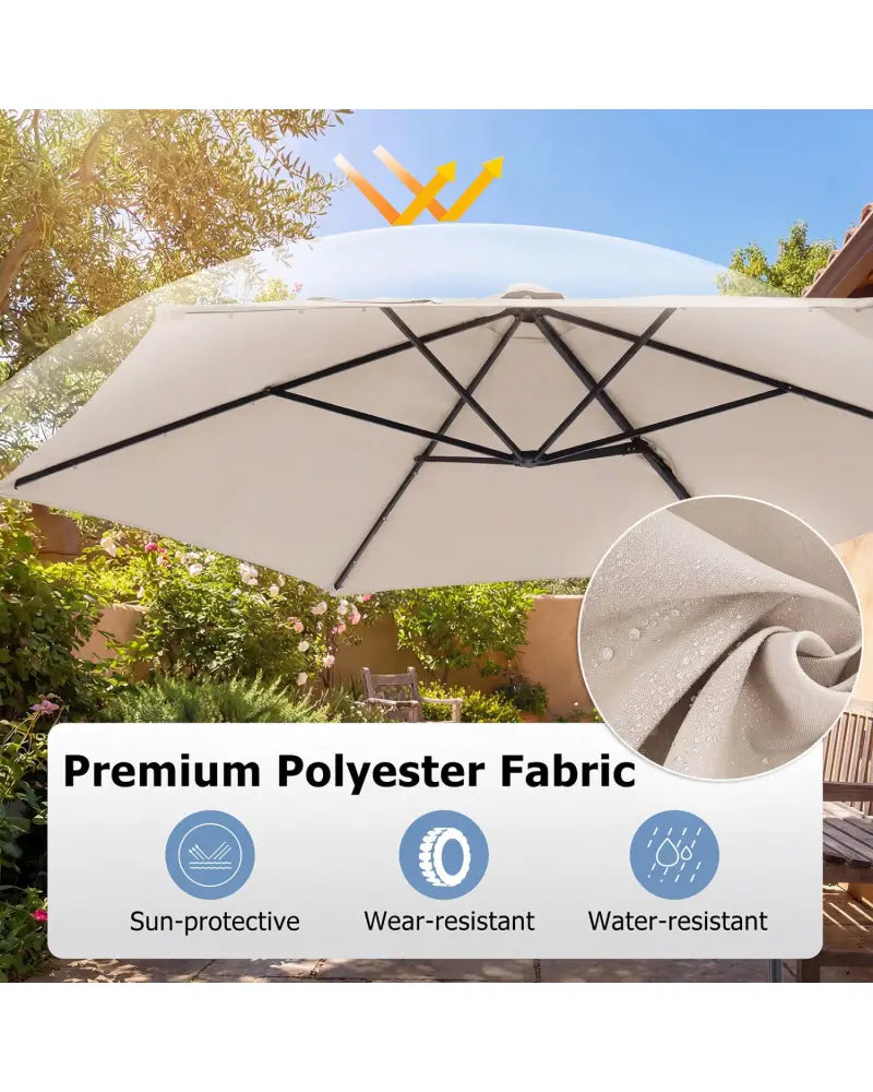 10 Feet Patio Cantilever Umbrella with Solar LED Lights-Beige - Beige - Outdoor Umbrellas