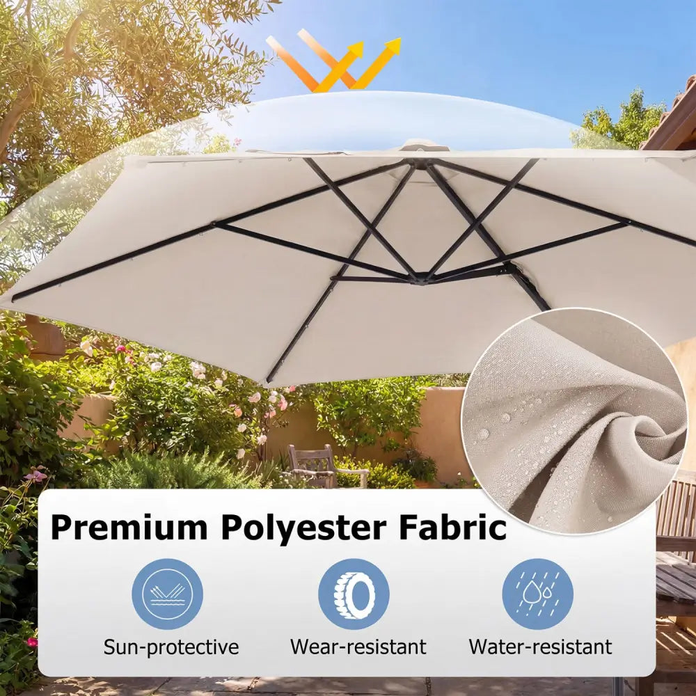 10 Feet Patio Cantilever Umbrella with Solar LED Lights-Beige - Beige - Outdoor Umbrellas