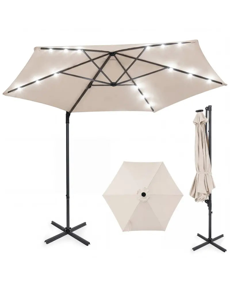 10 Feet Patio Cantilever Umbrella with Solar LED Lights-Beige - Beige - Outdoor Umbrellas