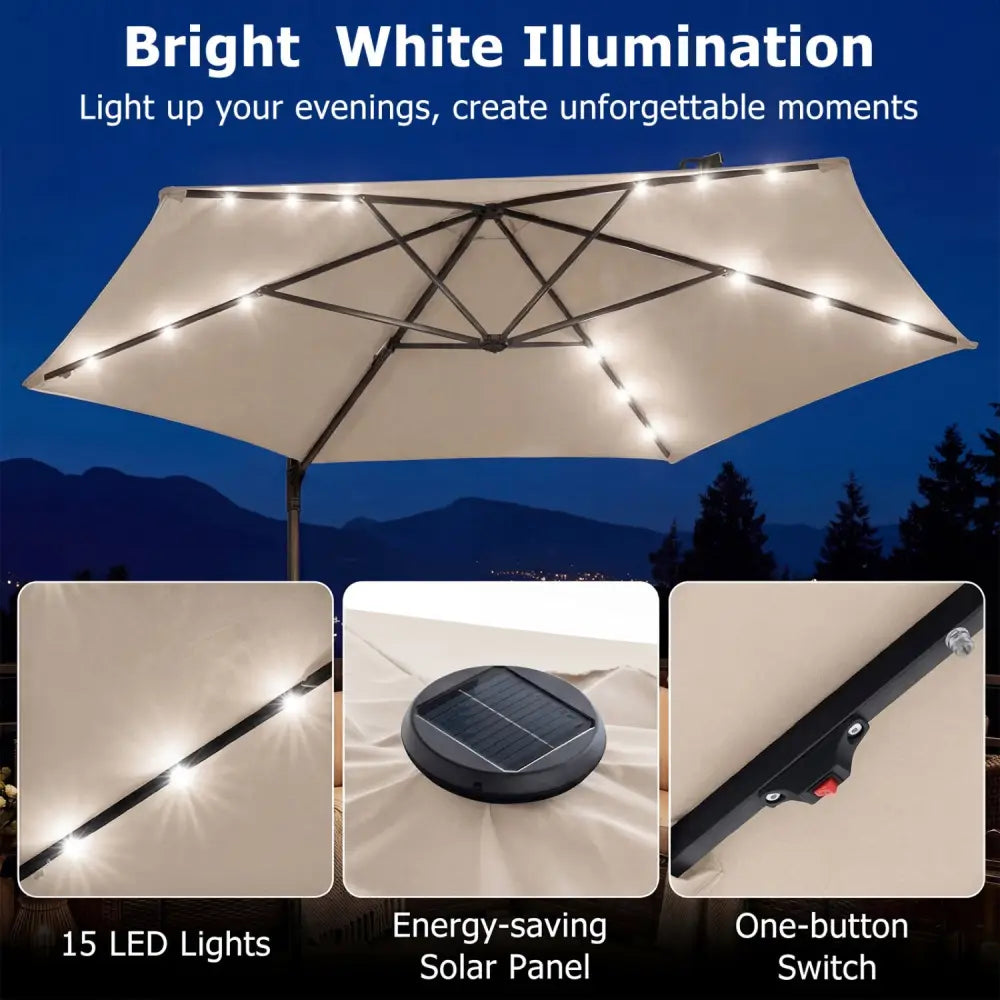 10 Feet Patio Cantilever Umbrella with Solar LED Lights-Beige - Beige - Outdoor Umbrellas