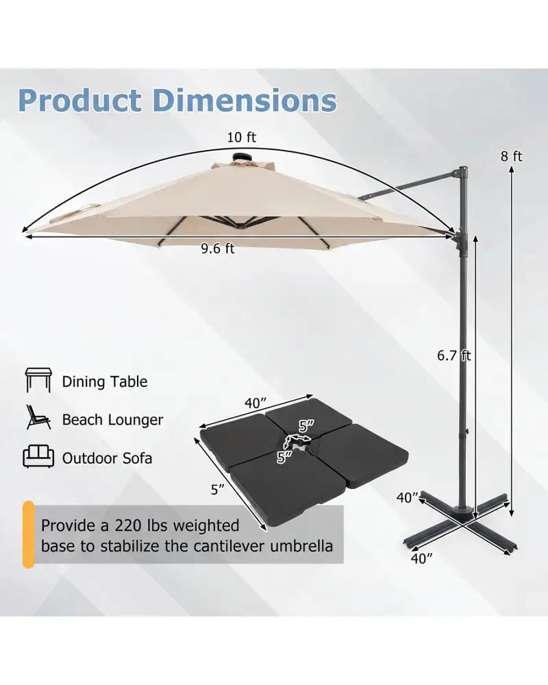 10 Feet Patio Cantilever Umbrella with Solar LED Lights-Beige - Beige - Outdoor Umbrellas
