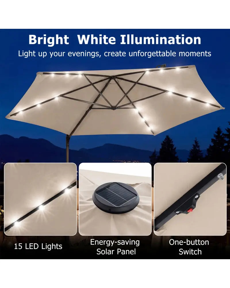 10 Feet Patio Cantilever Umbrella with Solar LED Lights-Beige - Beige - Outdoor Umbrellas