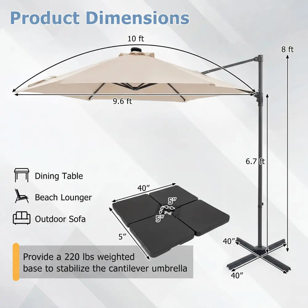 10 Feet Patio Cantilever Umbrella with Solar LED Lights-Beige - Beige - Outdoor Umbrellas