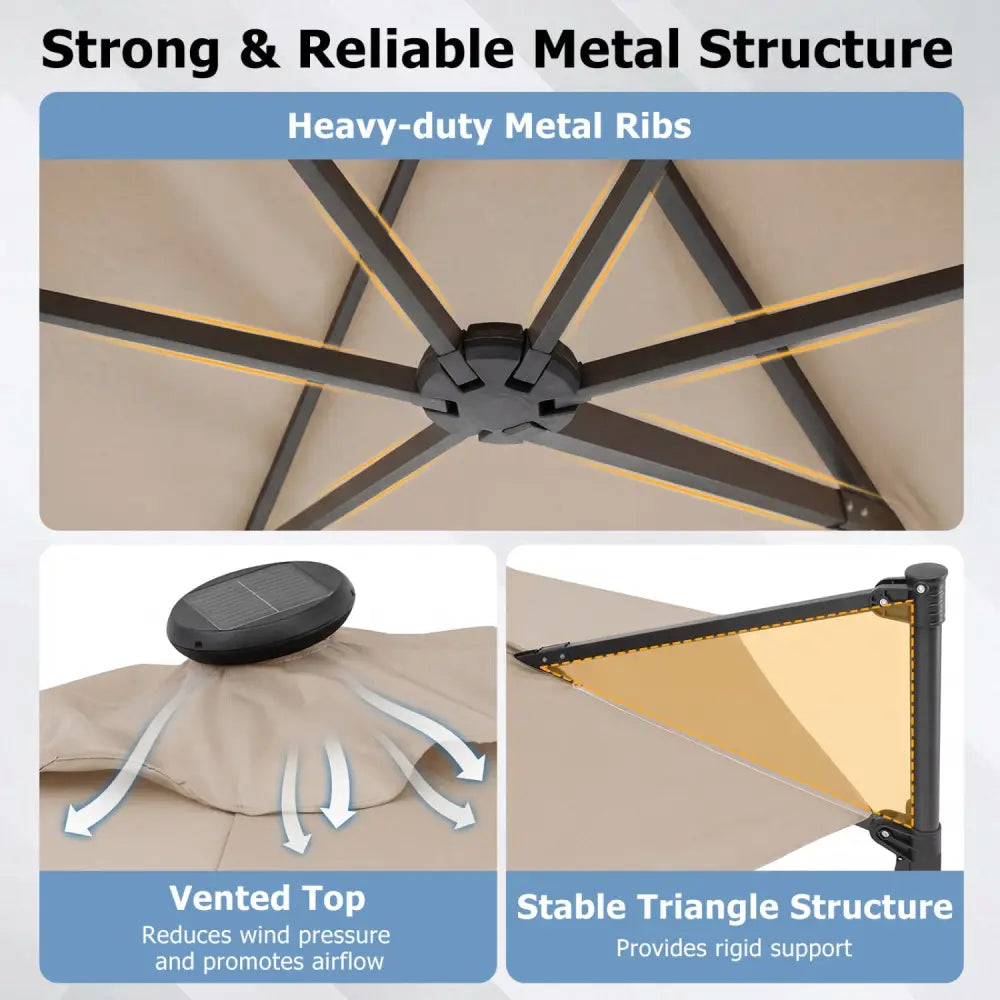 10 Feet Patio Cantilever Umbrella with Solar LED Lights-Beige - Beige - Outdoor Umbrellas