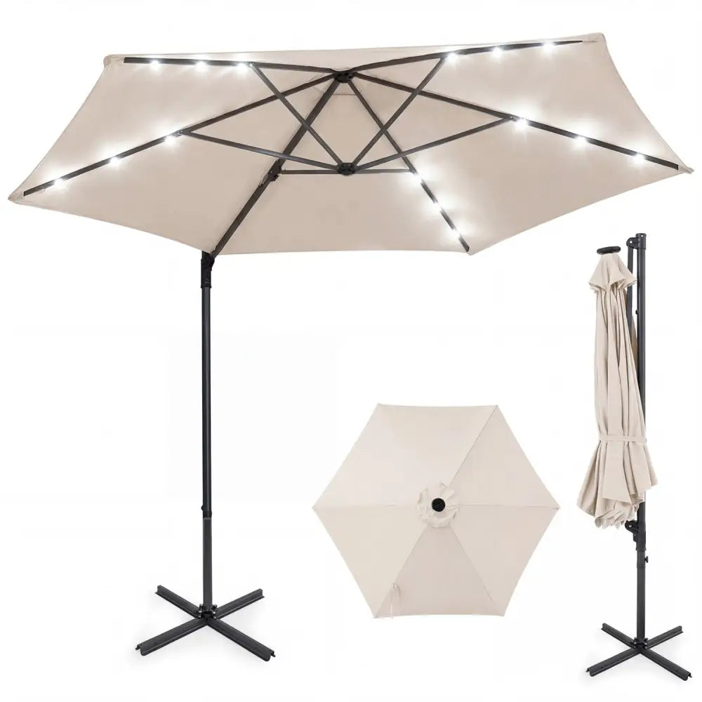 10 Feet Patio Cantilever Umbrella with Solar LED Lights-Beige - Beige - Outdoor Umbrellas