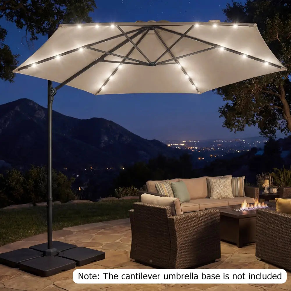 10 Feet Patio Cantilever Umbrella with Solar LED Lights-Beige - Beige - Outdoor Umbrellas