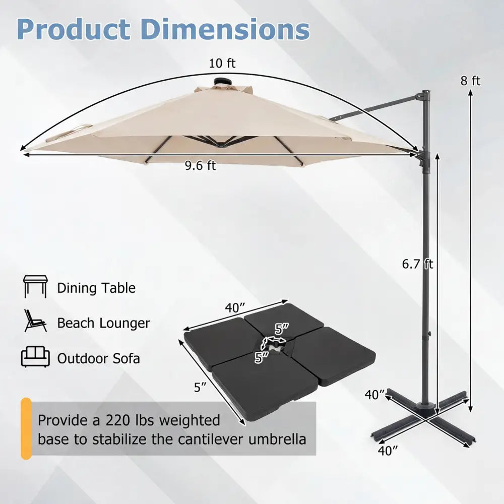 10 Feet Patio Cantilever Umbrella with Solar LED Lights-Beige - Beige - Outdoor Umbrellas