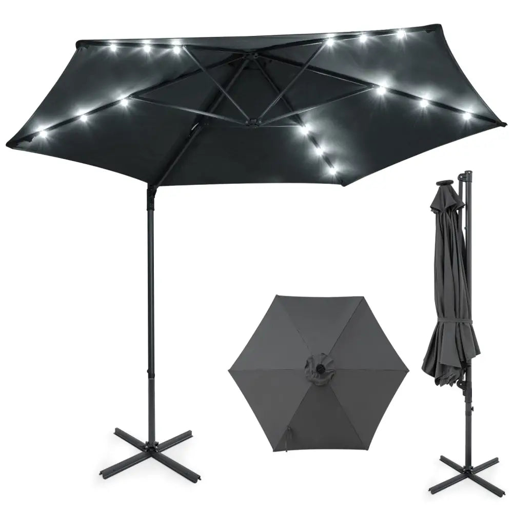 10 Feet Patio Cantilever Umbrella with Solar LED Lights-Gray - Gray - Outdoor Umbrellas