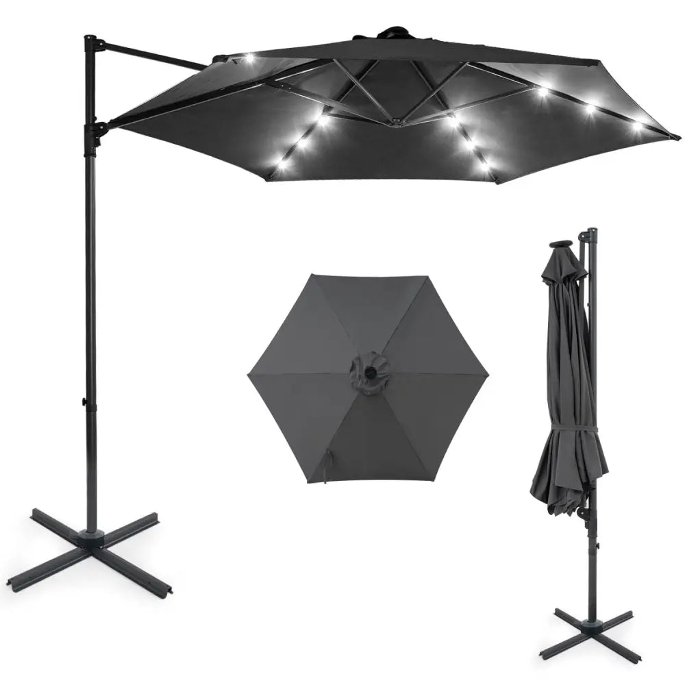 10 Feet Patio Cantilever Umbrella with Solar LED Lights-Gray - Gray - Outdoor Umbrellas