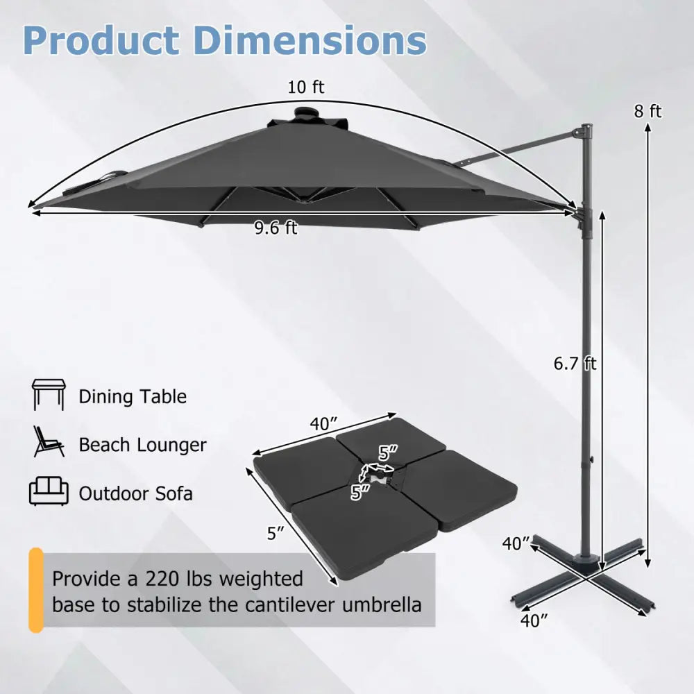 10 Feet Patio Cantilever Umbrella with Solar LED Lights-Gray - Gray - Outdoor Umbrellas