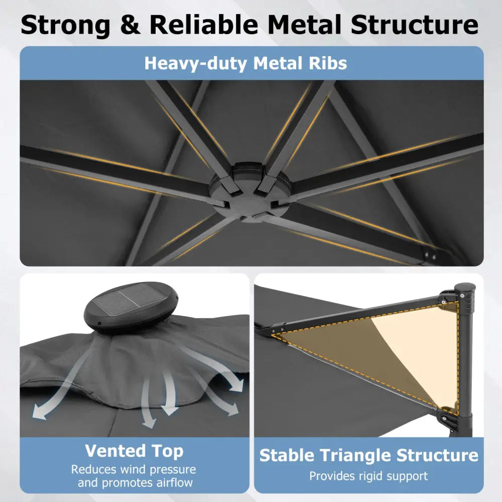 10 Feet Patio Cantilever Umbrella with Solar LED Lights-Gray - Gray - Outdoor Umbrellas
