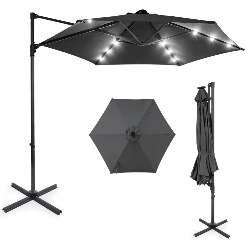 10 Feet Patio Cantilever Umbrella with Solar LED Lights-Gray - Gray - Outdoor Umbrellas