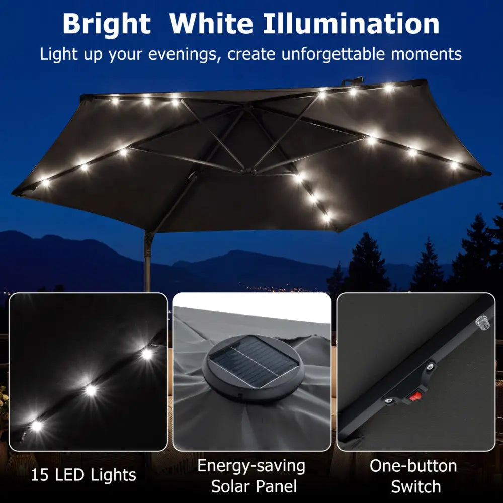 10 Feet Patio Cantilever Umbrella with Solar LED Lights-Gray - Gray - Outdoor Umbrellas