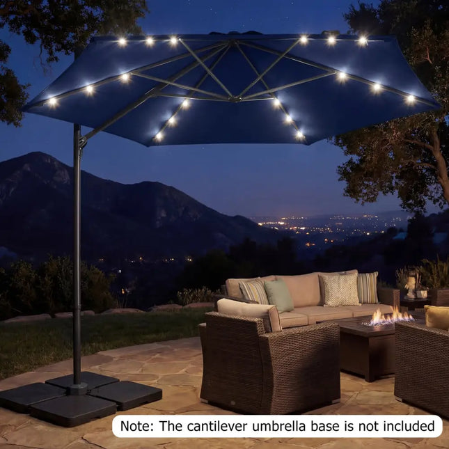 10 Feet Patio Cantilever Umbrella with Solar LED Lights-Navy - Navy - Outdoor Umbrellas