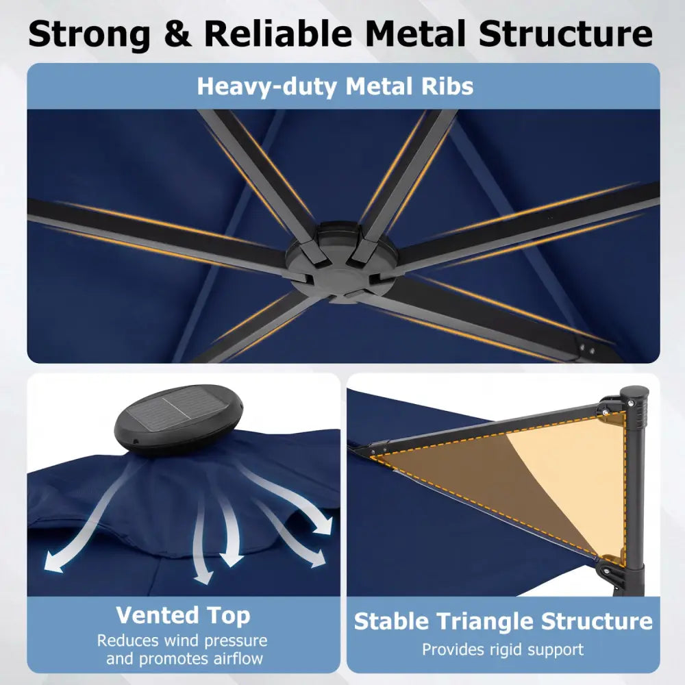 10 Feet Patio Cantilever Umbrella with Solar LED Lights-Navy - Navy - Outdoor Umbrellas