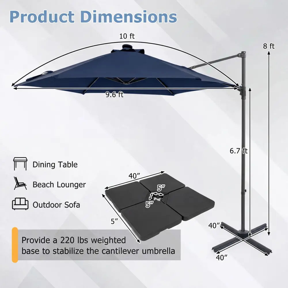 10 Feet Patio Cantilever Umbrella with Solar LED Lights-Navy - Navy - Outdoor Umbrellas