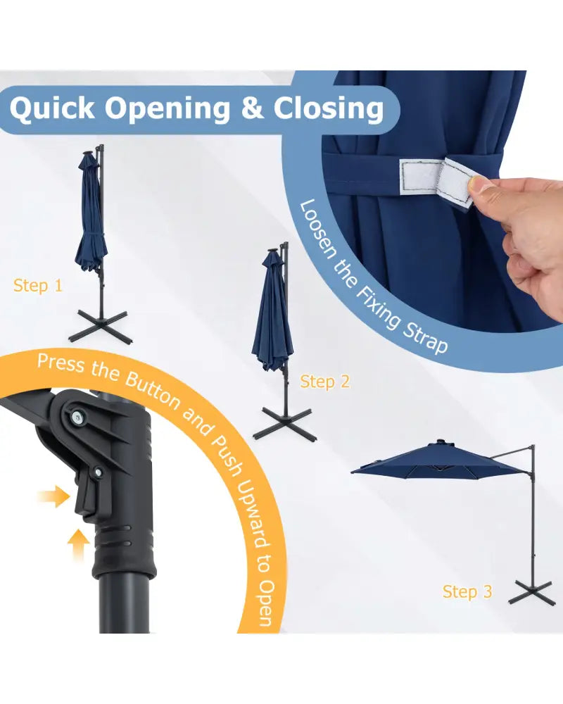 10 Feet Patio Cantilever Umbrella with Solar LED Lights-Navy - Navy - Outdoor Umbrellas