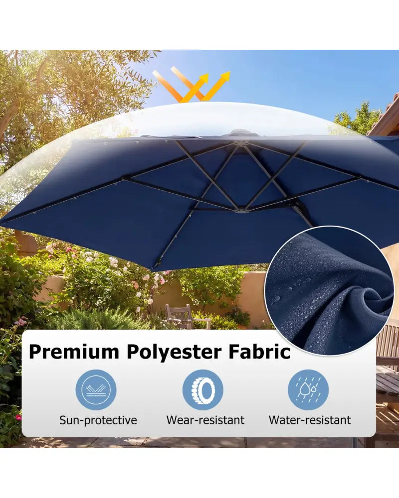 10 Feet Patio Cantilever Umbrella with Solar LED Lights-Navy - Navy - Outdoor Umbrellas