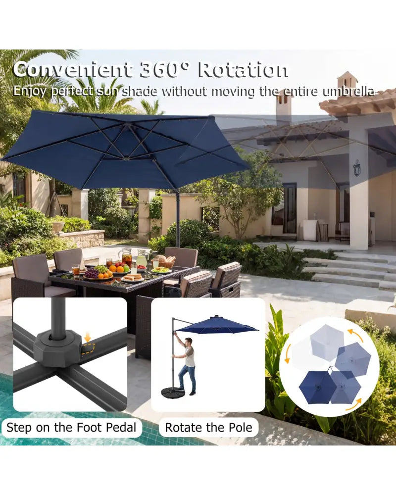 10 Feet Patio Cantilever Umbrella with Solar LED Lights-Navy - Navy - Outdoor Umbrellas