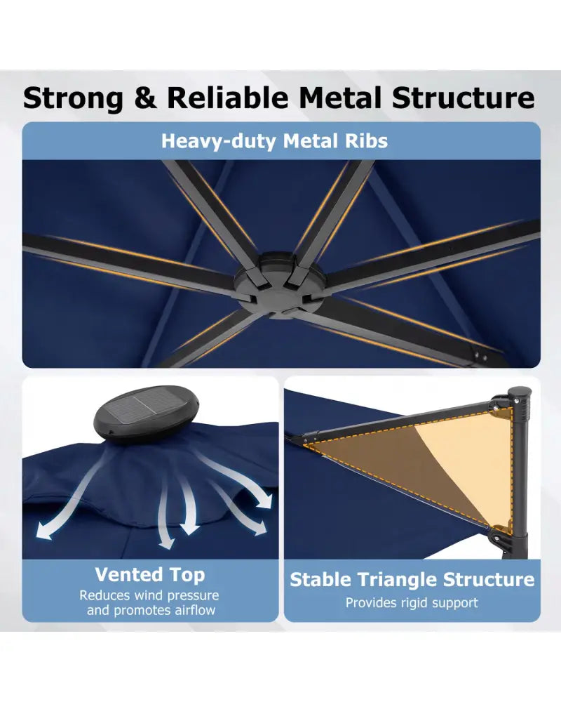 10 Feet Patio Cantilever Umbrella with Solar LED Lights-Navy - Navy - Outdoor Umbrellas