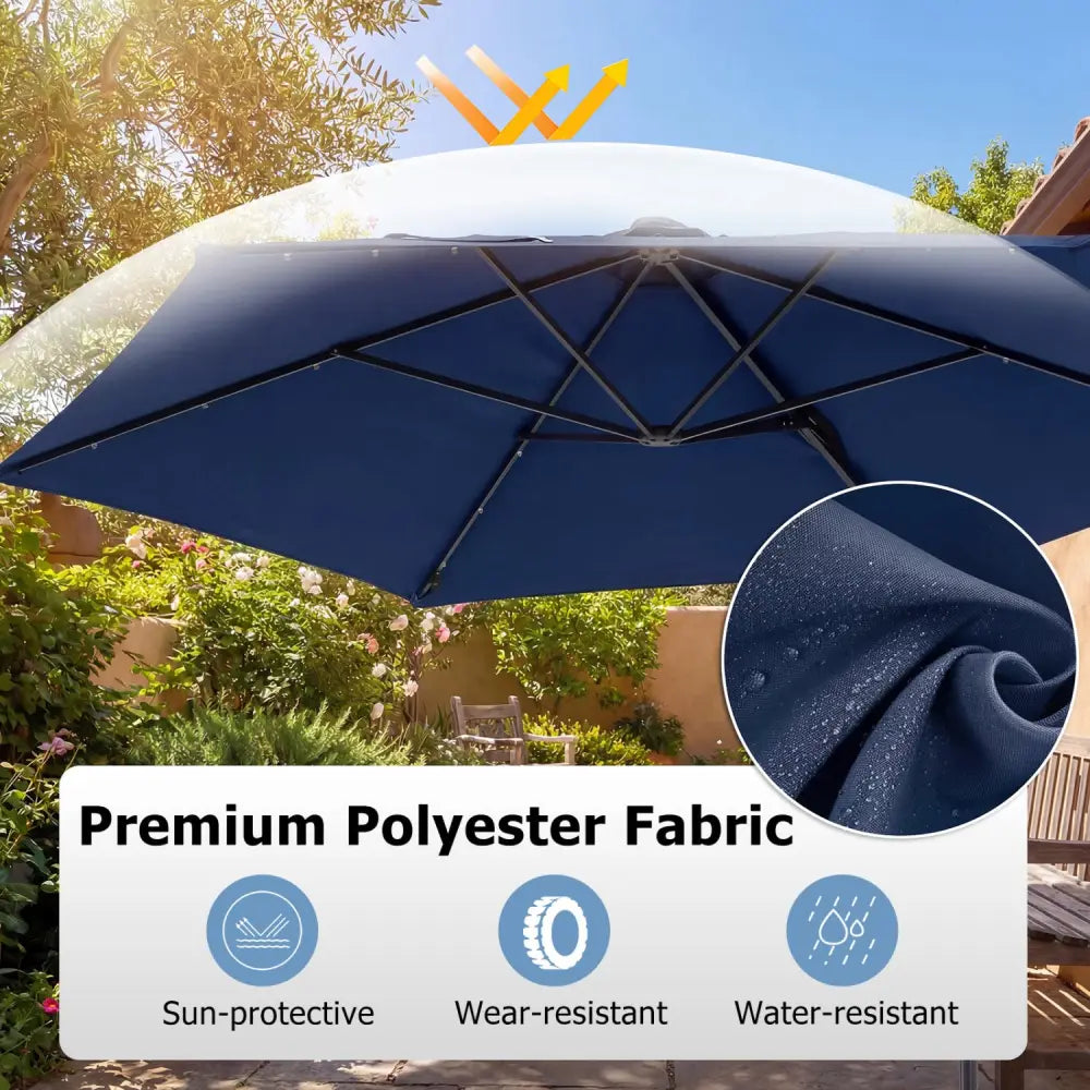 10 Feet Patio Cantilever Umbrella with Solar LED Lights-Navy - Navy - Outdoor Umbrellas