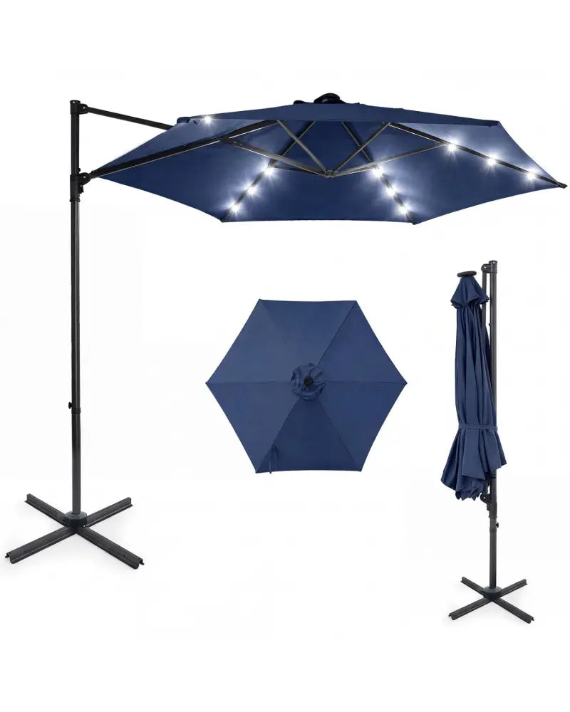10 Feet Patio Cantilever Umbrella with Solar LED Lights-Navy - Navy - Outdoor Umbrellas