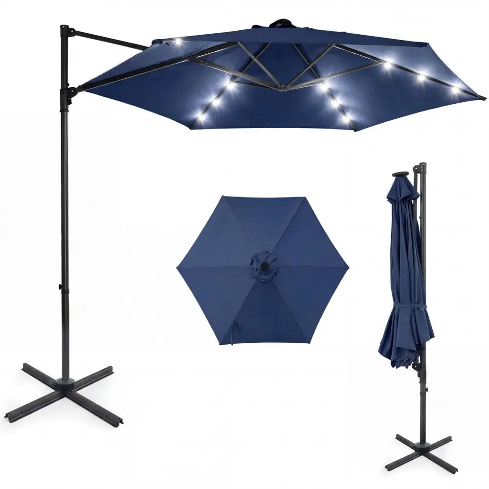 10 Feet Patio Cantilever Umbrella with Solar LED Lights-Navy - Navy - Outdoor Umbrellas