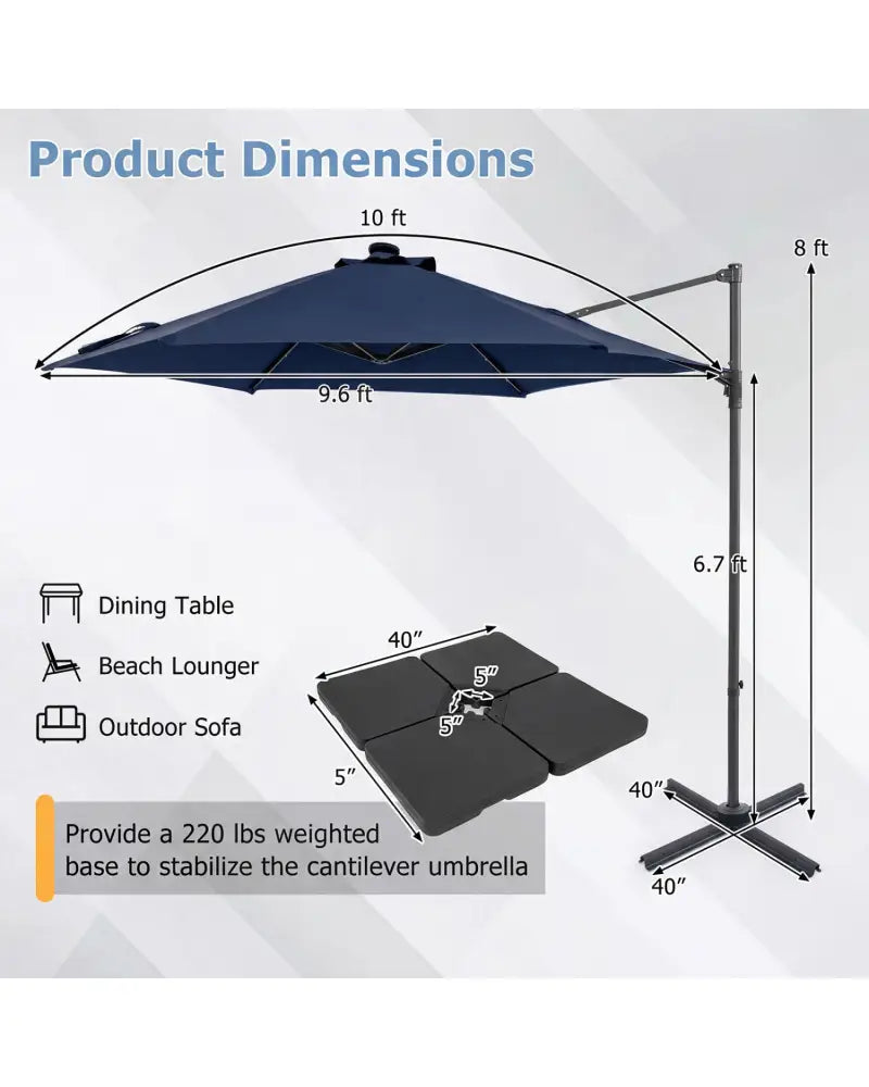10 Feet Patio Cantilever Umbrella with Solar LED Lights-Navy - Navy - Outdoor Umbrellas